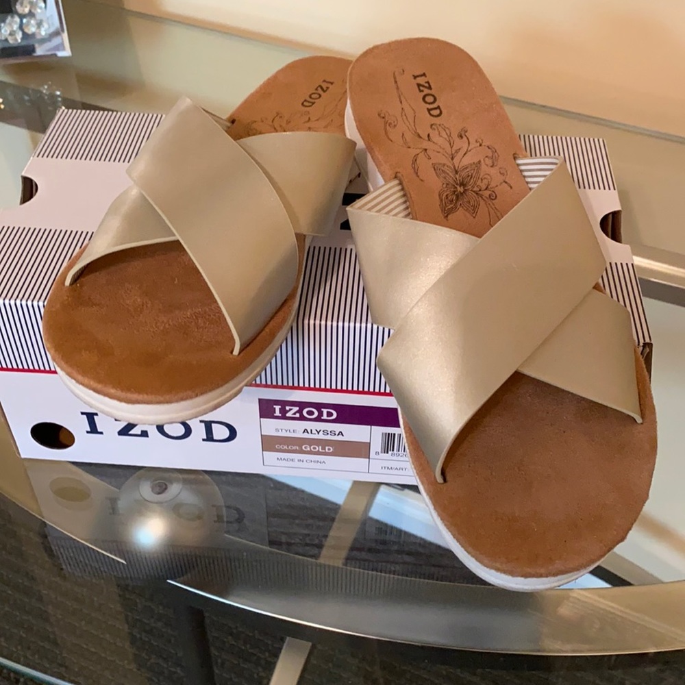 Izod gold tone slip on sandals ~ size 8